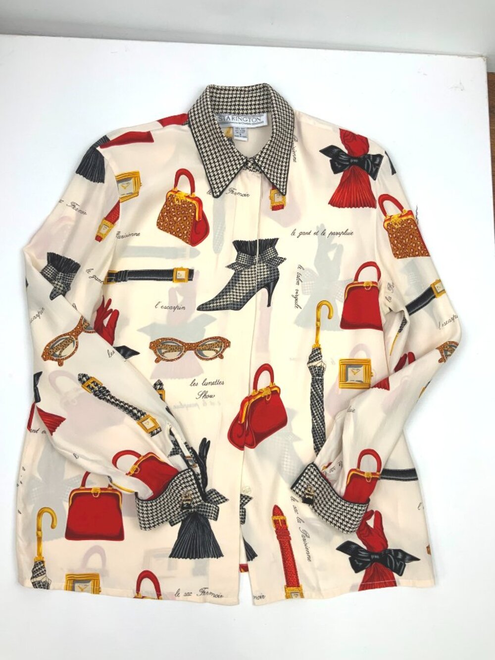Vintage 90s Starington Novelty Print Silk Button Up Blouse Sz 8 -10 - Picture 14 of 16